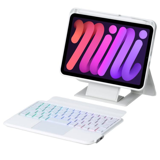 For iPad mini 2024 / mini 6 Holder Floating Detachable Backlight Keyboard Tablet Leather Case with Touchpad(White)