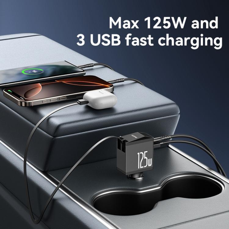 Yesido Y71 125W Type-C + 8 Pin Retractable Cable 3 in 1 Car Charger(Black) - Car Charger by Yesido | Online Shopping UK | buy2fix