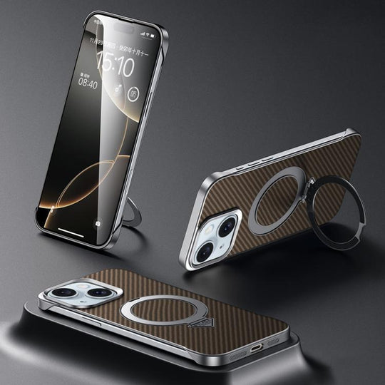 For iPhone 15 SULADA Kevlar Texture MagSafe Magnetic Holder Phone Case(Brown)