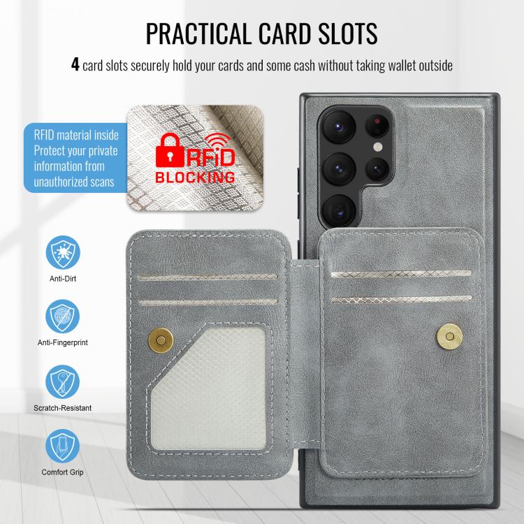 For Samsung Galaxy S25 Ultra 5G Fierre Shann FS028 MagSafe RFID Card Holder Back Phone Case(Grey) - Galaxy S25 Ultra 5G Cases by FIERRE SHANN | Online Shopping UK | buy2fix