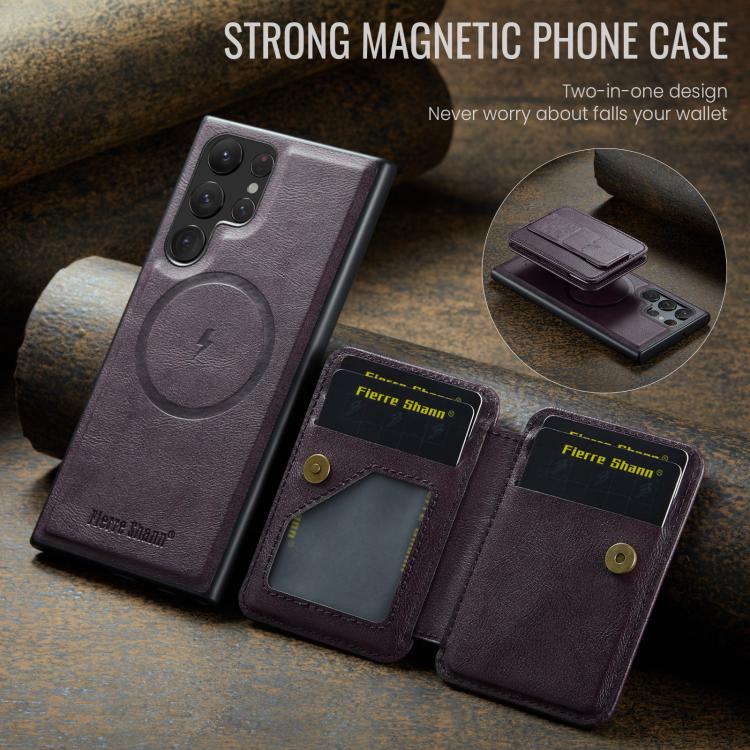 For Samsung Galaxy S25 Ultra 5G Fierre Shann FS028 MagSafe RFID Card Holder Back Phone Case(Purple) - Galaxy S25 Ultra 5G Cases by FIERRE SHANN | Online Shopping UK | buy2fix