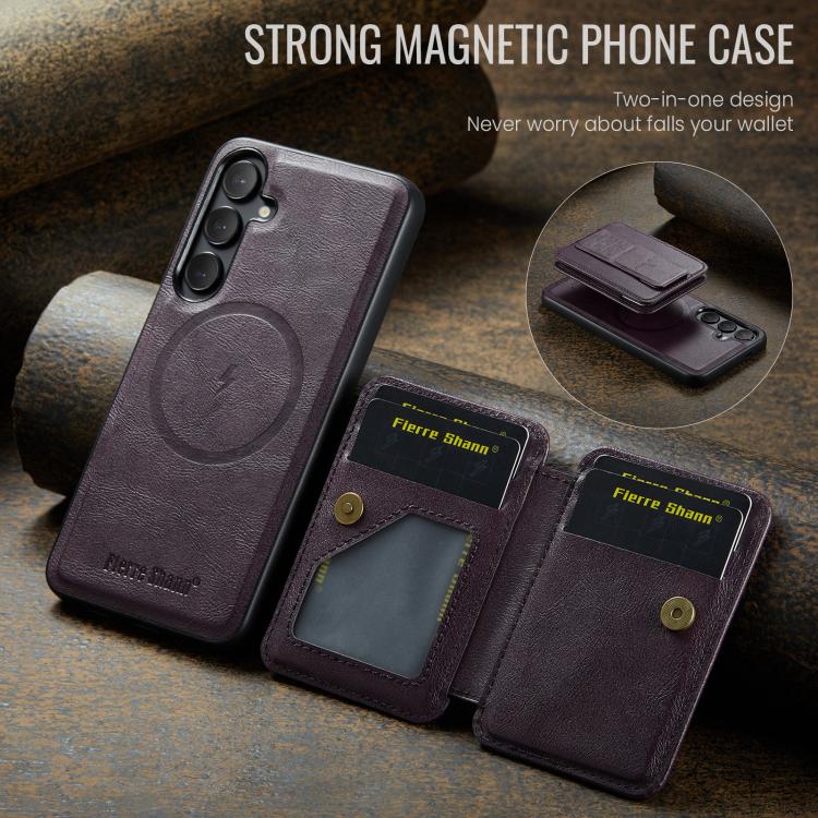 For Samsung Galaxy S25 5G Fierre Shann FS028 MagSafe RFID Card Holder Back Phone Case(Purple) - Galaxy S25 5G Cases by FIERRE SHANN | Online Shopping UK | buy2fix