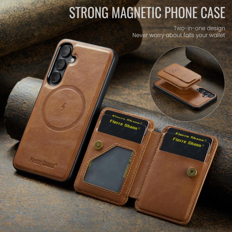 For Samsung Galaxy S25 5G Fierre Shann FS028 MagSafe RFID Card Holder Back Phone Case(Brown) - Galaxy S25 5G Cases by FIERRE SHANN | Online Shopping UK | buy2fix