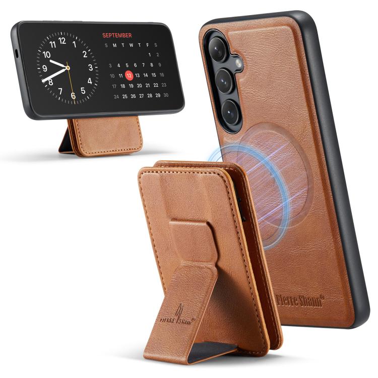 For Samsung Galaxy S25+ 5G Fierre Shann FS028 MagSafe RFID Card Holder Back Phone Case(Brown) - Galaxy S25+ 5G Cases by FIERRE SHANN | Online Shopping UK | buy2fix