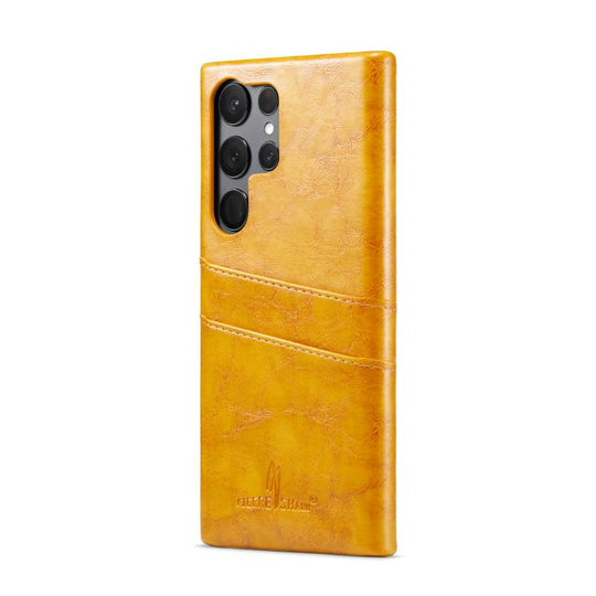 For Samsung Galaxy S25 Ultra 5G Fierre Shann Retro Oil Wax Texture Card Slots PU Leather Phone Case(Yellow)