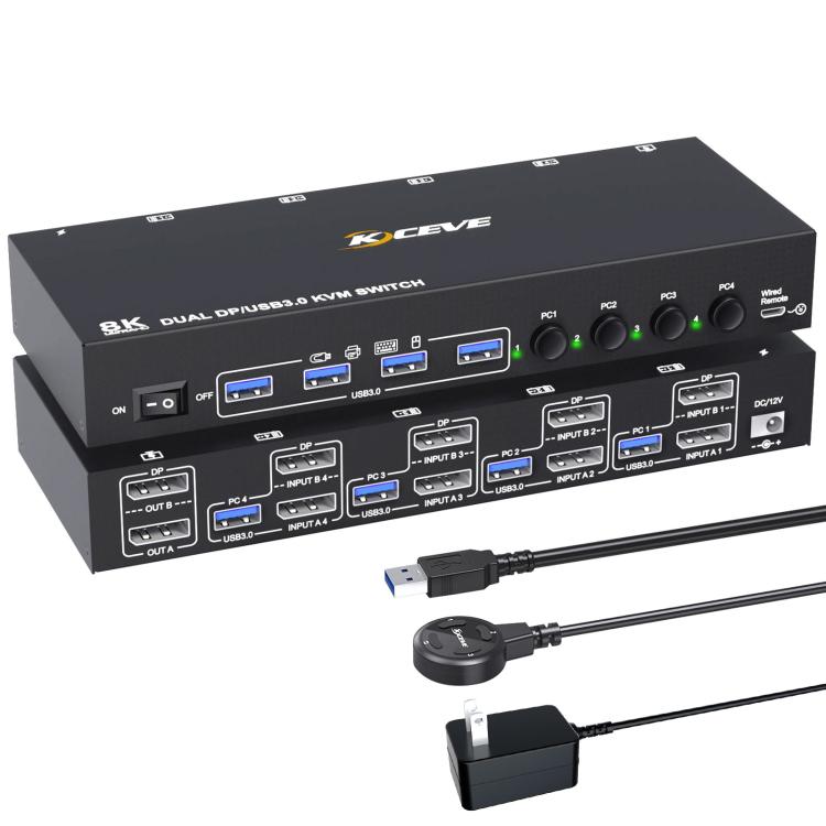 KC-KVM402DP 8K 30Hz 4 Input 2 Output DP / USB3.0 Dual Monitor KVM Switch, EU Plug - Switch by buy2fix | Online Shopping UK | buy2fix