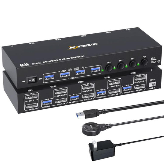 KC-KVM402DP 8K 30Hz 4 Input 2 Output DP / USB3.0 Dual Monitor KVM Switch, EU Plug