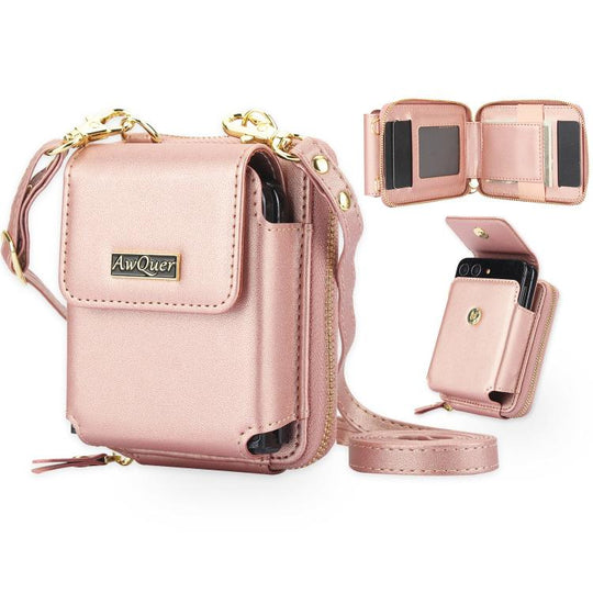 For Samsung Galaxy Z Flip7 /7 FE /6 /5 AwQuer AW005 Crossbody Folding Phone Leather Bag(Rose Gold)