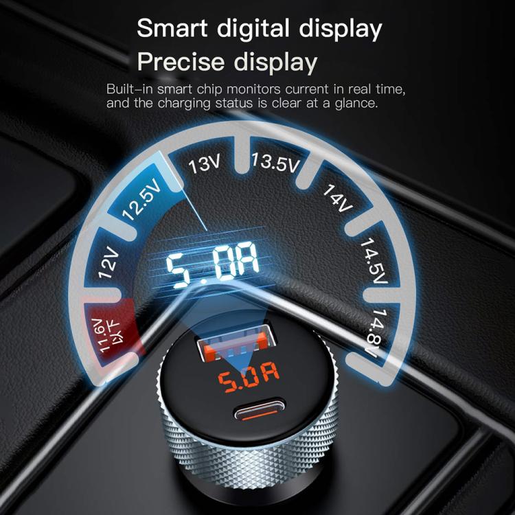 TOTU CC-4 48W USB-A and USB-C / Type-C Digital Display Dual Ports Fast Charging Car Charger(Grey) - Car Charger by TOTUDESIGN | Online Shopping UK | buy2fix