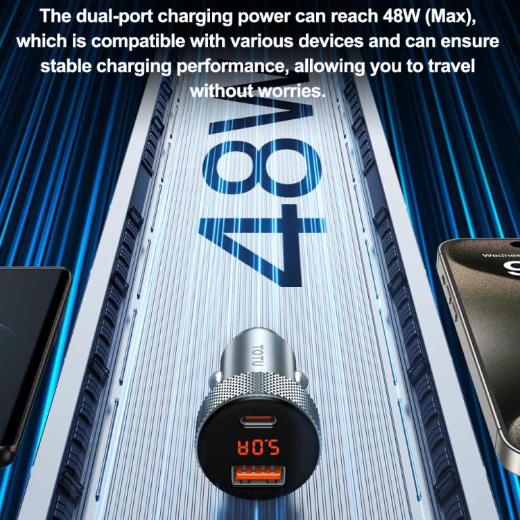 TOTU CC-4 48W USB-A and USB-C / Type-C Digital Display Dual Ports Fast Charging Car Charger(Grey) - Car Charger by TOTUDESIGN | Online Shopping UK | buy2fix