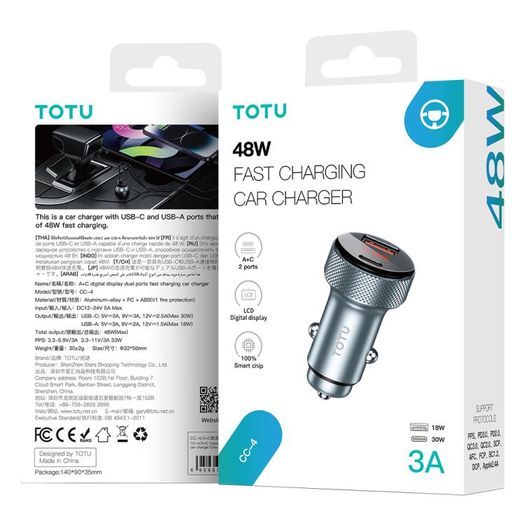 TOTU CC-4 48W USB-A and USB-C / Type-C Digital Display Dual Ports Fast Charging Car Charger(Grey) - Car Charger by TOTUDESIGN | Online Shopping UK | buy2fix