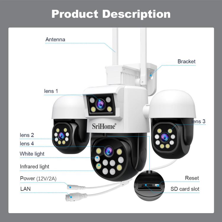 SriHome SH069 8MP 3X Digital Zoom HD Quad-lens Security Camera, Plug:US Plug - Wireless Camera by SriHome | Online Shopping UK | buy2fix