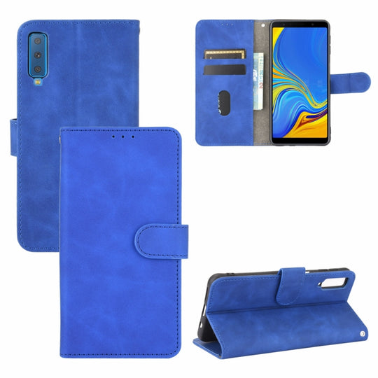 For Samsung Galaxy A7 (2018) Solid Color Skin Feel Magnetic Buckle Horizontal Flip Calf Texture PU Leather Case with Holder & Card Slots & Wallet(Blue)