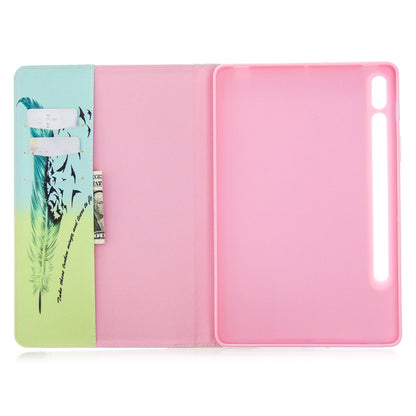 For Samsung Galaxy Tab S8 / Galaxy Tab S7 T870 Colored Drawing Pattern Horizontal Flip Leather Case with Holder & Card Slots & Wallet(Feather Bird) - Galaxy Tab S8 Cases by buy2fix | Online Shopping UK | buy2fix