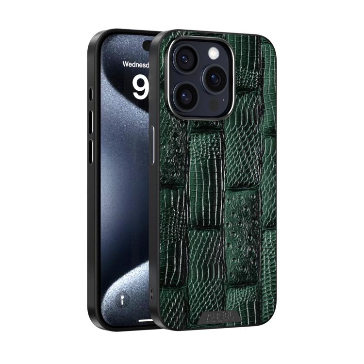 For iPhone 15 Pro ABEEL Beast Pattern 6D Micro-Embossed MagSafe Genuine Leather Phone Case(Green) - iPhone 15 Pro Cases by buy2fix | Online Shopping UK | buy2fix