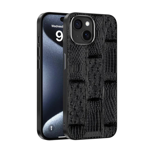 For iPhone 15 ABEEL Beast Pattern 6D Micro-Embossed MagSafe Genuine Leather Phone Case(Black)