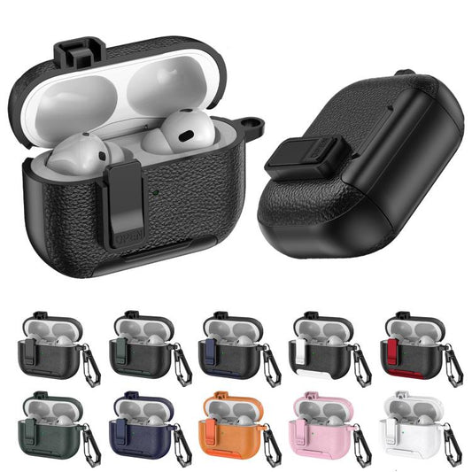 For AirPods Pro Leather Texture Wireless Earphones Case with Hook & Holder(Black Red) - For AirPods Pro by buy2fix | Online Shopping UK | buy2fix