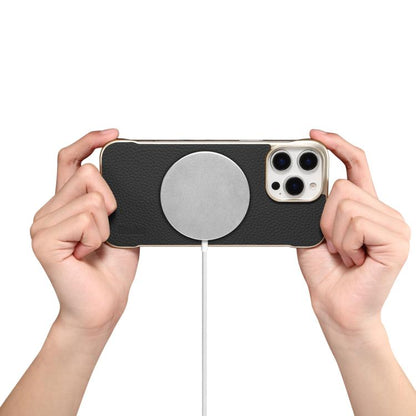 For iPhone 14 / 13 Denior A20 Genuine Leather Litchi Texture MagSafe Frameless Phone Case(Black) - iPhone 14 Cases by Denior | Online Shopping UK | buy2fix