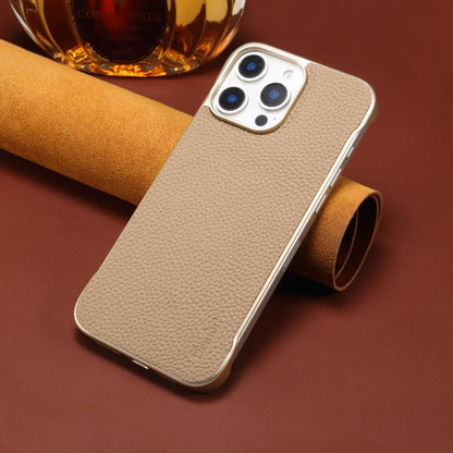 For iPhone 15 Pro Max Denior A20 Genuine Leather Litchi Texture MagSafe Frameless Phone Case(Khaki) - iPhone 15 Pro Max Cases by Denior | Online Shopping UK | buy2fix