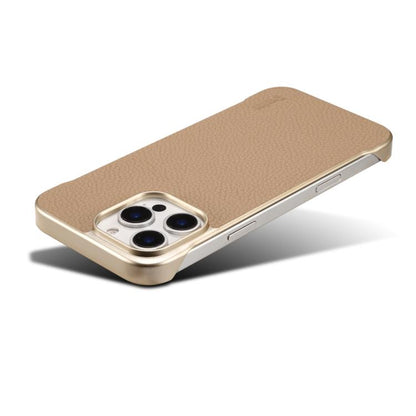 For iPhone 15 Pro Max Denior A20 Genuine Leather Litchi Texture MagSafe Frameless Phone Case(Khaki) - iPhone 15 Pro Max Cases by Denior | Online Shopping UK | buy2fix