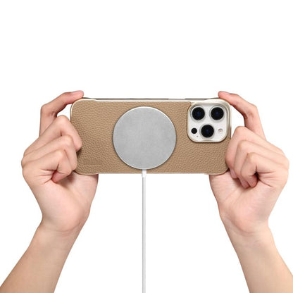 For iPhone 15 Pro Max Denior A20 Genuine Leather Litchi Texture MagSafe Frameless Phone Case(Khaki) - iPhone 15 Pro Max Cases by Denior | Online Shopping UK | buy2fix