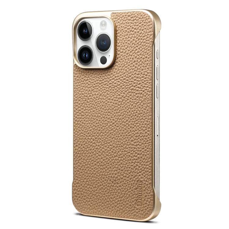 For iPhone 16 Pro Max Denior A20 Genuine Leather Litchi Texture MagSafe Frameless Phone Case(Khaki) - iPhone 16 Pro Max Cases by Denior | Online Shopping UK | buy2fix