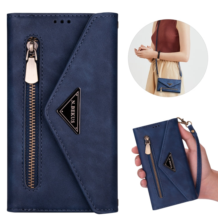 For iPhone 6 Plus Skin Feel Zipper Horizontal Flip Leather Case with Holder & Card Slots & Photo Frame & Lanyard & Long Rope(Blue) - More iPhone Cases by buy2fix | Online Shopping UK | buy2fix