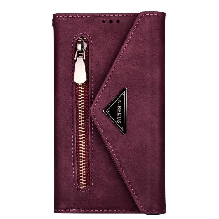For iPhone 6 Plus Skin Feel Zipper Horizontal Flip Leather Case with Holder & Card Slots & Photo Frame & Lanyard & Long Rope(Wine Red) - More iPhone Cases by buy2fix | Online Shopping UK | buy2fix