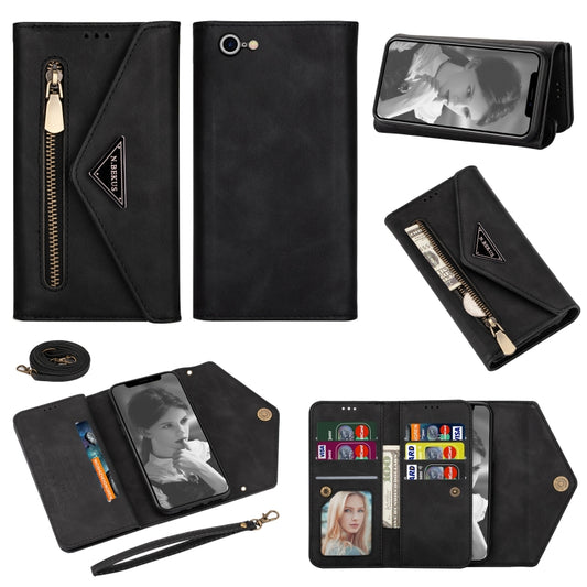 For iPhone 7 / 8 / SE (2020) Skin Feel Zipper Horizontal Flip Leather Case with Holder & Card Slots & Photo Frame & Lanyard & Long Rope(Black) - More iPhone Cases by buy2fix | Online Shopping UK | buy2fix