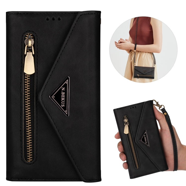 For iPhone 7 / 8 / SE (2020) Skin Feel Zipper Horizontal Flip Leather Case with Holder & Card Slots & Photo Frame & Lanyard & Long Rope(Black) - More iPhone Cases by buy2fix | Online Shopping UK | buy2fix