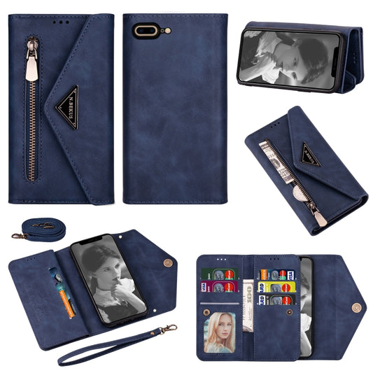 For iPhone 7 Plus / 8 Plus Skin Feel Zipper Horizontal Flip Leather Case with Holder & Card Slots & Photo Frame & Lanyard & Long Rope(Blue) - More iPhone Cases by buy2fix | Online Shopping UK | buy2fix