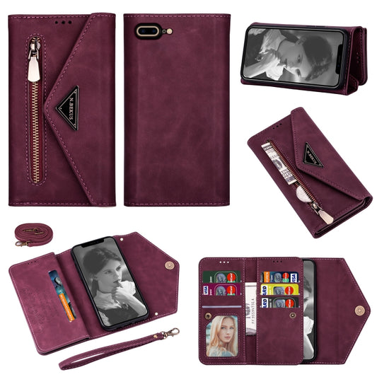 For iPhone 7 Plus / 8 Plus Skin Feel Zipper Horizontal Flip Leather Case with Holder & Card Slots & Photo Frame & Lanyard & Long Rope(Wine Red) - More iPhone Cases by buy2fix | Online Shopping UK | buy2fix