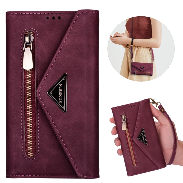 For iPhone 7 Plus / 8 Plus Skin Feel Zipper Horizontal Flip Leather Case with Holder & Card Slots & Photo Frame & Lanyard & Long Rope(Wine Red) - More iPhone Cases by buy2fix | Online Shopping UK | buy2fix