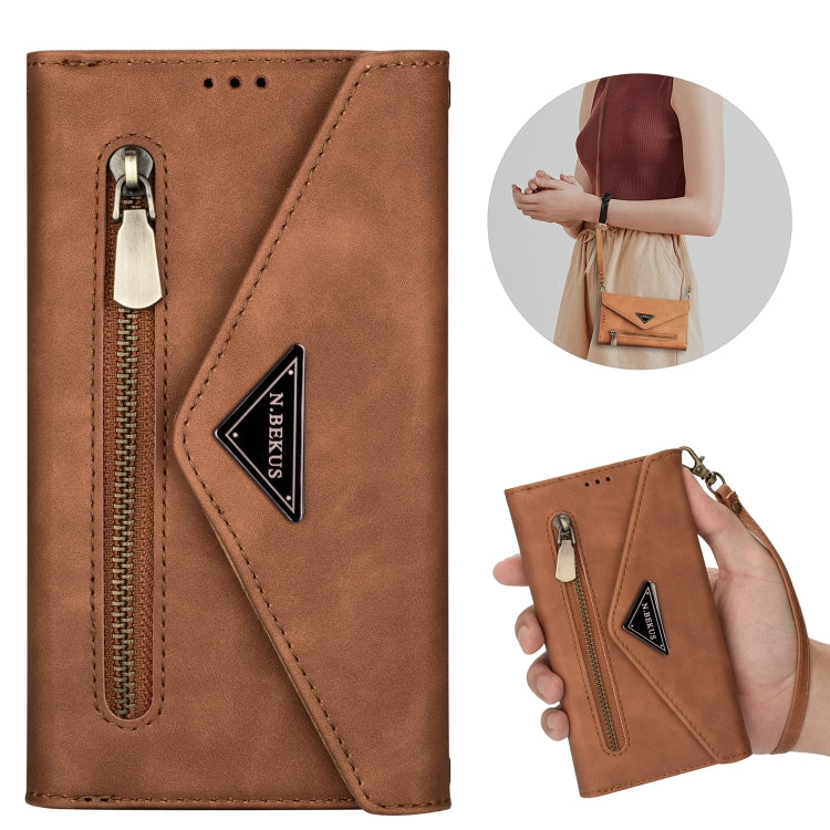 For iPhone XS / X Skin Feel Zipper Horizontal Flip Leather Case with Holder & Card Slots & Photo Frame & Lanyard & Long Rope(Brown) - More iPhone Cases by buy2fix | Online Shopping UK | buy2fix