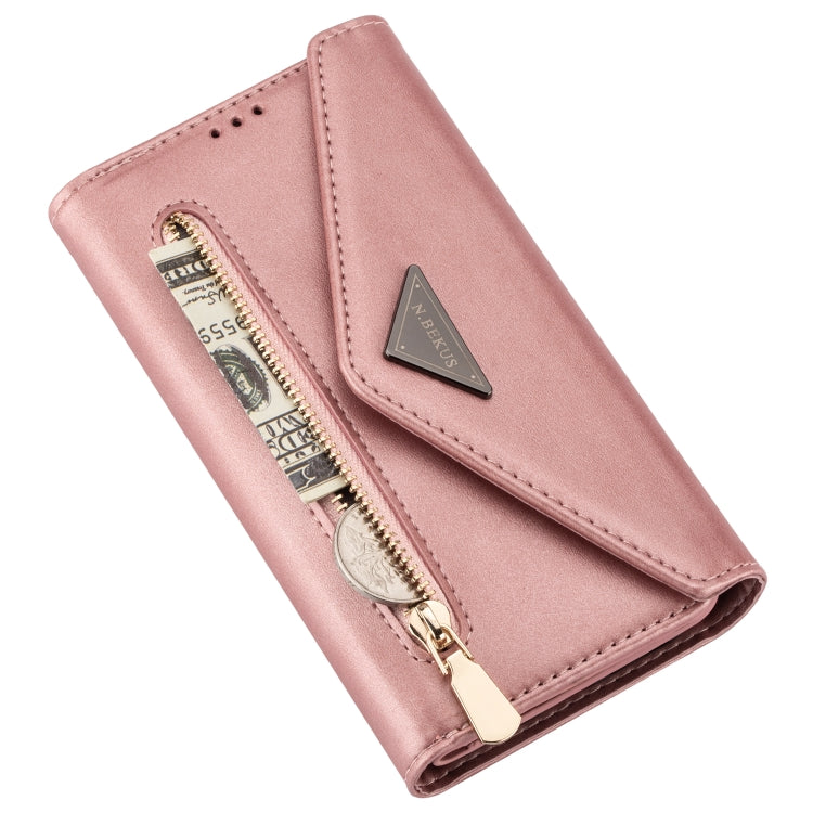 For iPhone XS / X Skin Feel Zipper Horizontal Flip Leather Case with Holder & Card Slots & Photo Frame & Lanyard & Long Rope(Rose Gold) - More iPhone Cases by buy2fix | Online Shopping UK | buy2fix