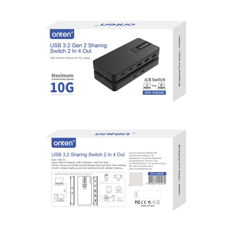 Onten KVM200 USB 3.2 Gen2 Sharing Switch 2 In 4 Out(Black) - USB 3.0 HUB by Onten | Online Shopping UK | buy2fix