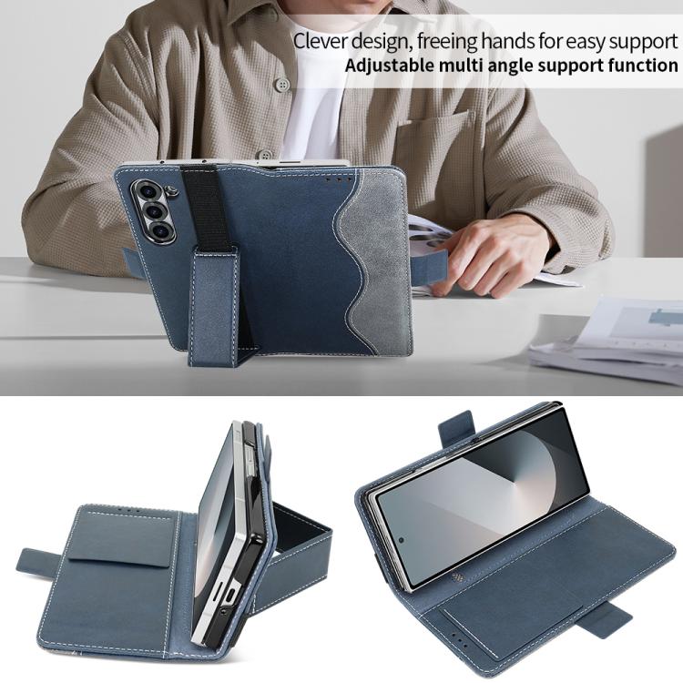 For Samsung Galaxy Z Fold6 VIETAO Integrated Spliced Leather Phone Case with Elastic Bowl Strap(Blue) - Galaxy Z Fold6 5G Cases by VIETAO | Online Shopping UK | buy2fix