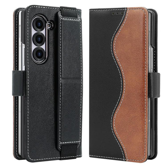 For Samsung Galaxy Z Fold5 VIETAO Integrated Spliced Leather Phone Case with Elastic Bowl Strap(Black) - Galaxy Z Fold5 Cases by VIETAO | Online Shopping UK | buy2fix