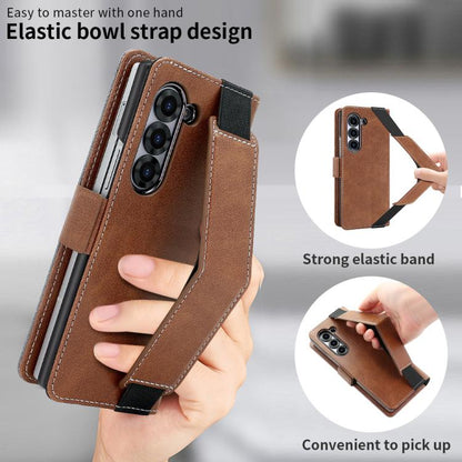 For Samsung Galaxy Z Fold5 VIETAO Integrated Spliced Leather Phone Case with Elastic Bowl Strap(Brown) - Galaxy Z Fold5 Cases by VIETAO | Online Shopping UK | buy2fix