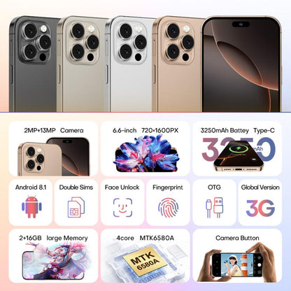 A88 / i16 Pro Max, 2GB+16GB, 6.6 inch Android 8.1 MTK6580A Quad Core, OTG, Network: 3G, Dual SIM, Plug:AU Plug(Desert Gold) -  by buy2fix | Online Shopping UK | buy2fix