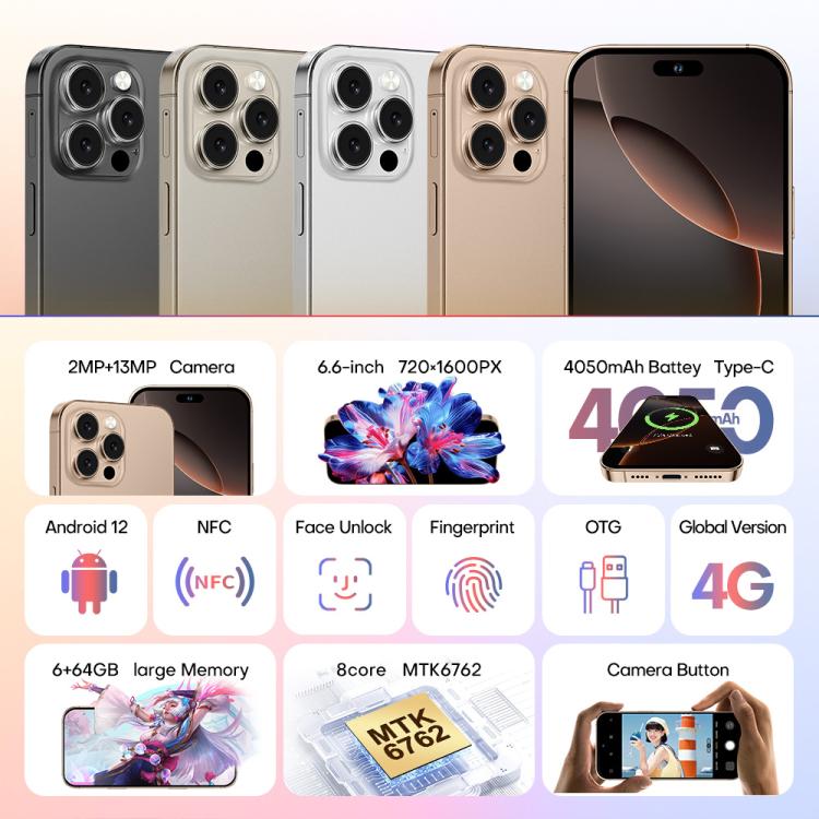 A88A / i16 Pro Max, 6GB+64GB, 6.6 inch Android 12 MTK6762 Helio G25 Octa Core, NFC, OTG, Network: 4G, Dual SIM, Plug:US Plug(Desert Gold) -  by buy2fix | Online Shopping UK | buy2fix