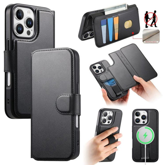 For iPhone 16 Pro CaseNeo Finger Grip Strap MagSafe Leather Phone Case(Black) - iPhone 16 Pro Cases by CaseNeo | Online Shopping UK | buy2fix