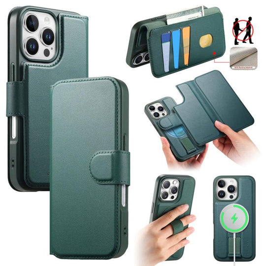 For iPhone 16 Pro CaseNeo Finger Grip Strap MagSafe Leather Phone Case(Green)