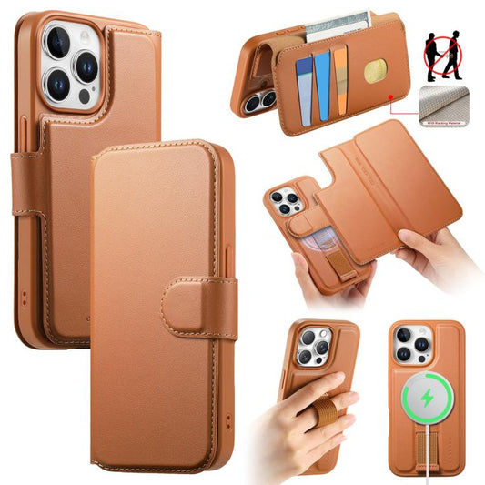 For iPhone 15 Pro CaseNeo Finger Grip Strap MagSafe Leather Phone Case(Brown) - iPhone 15 Pro Cases by CaseNeo | Online Shopping UK | buy2fix