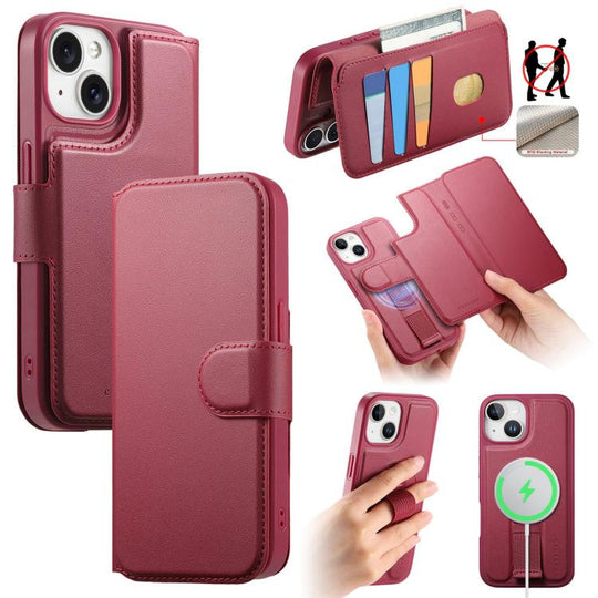 For iPhone 15 CaseNeo Finger Grip Strap MagSafe Leather Phone Case(Red)