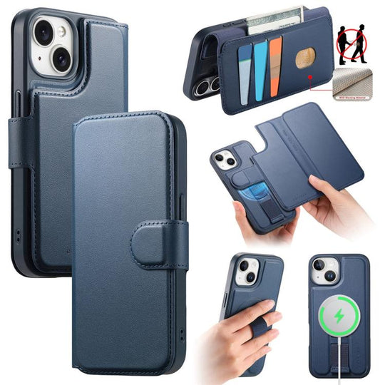 For iPhone 15 CaseNeo Finger Grip Strap MagSafe Leather Phone Case(Blue)