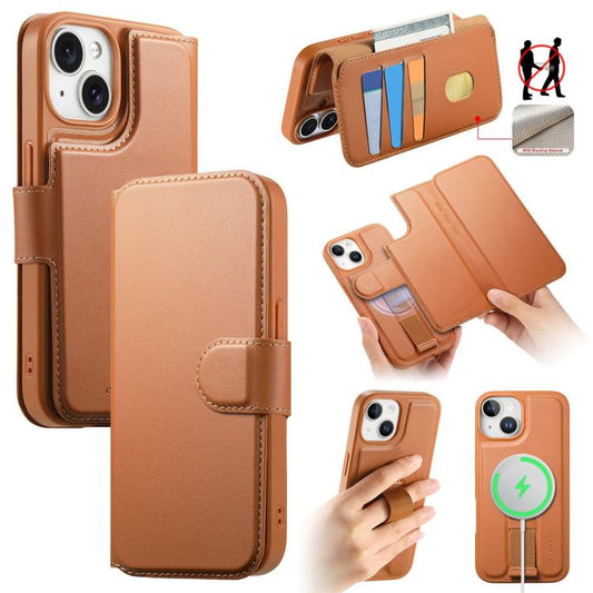 For iPhone 14 / 13 CaseNeo Finger Grip Strap MagSafe Leather Phone Case(Brown) - iPhone 14 Cases by CaseNeo | Online Shopping UK | buy2fix