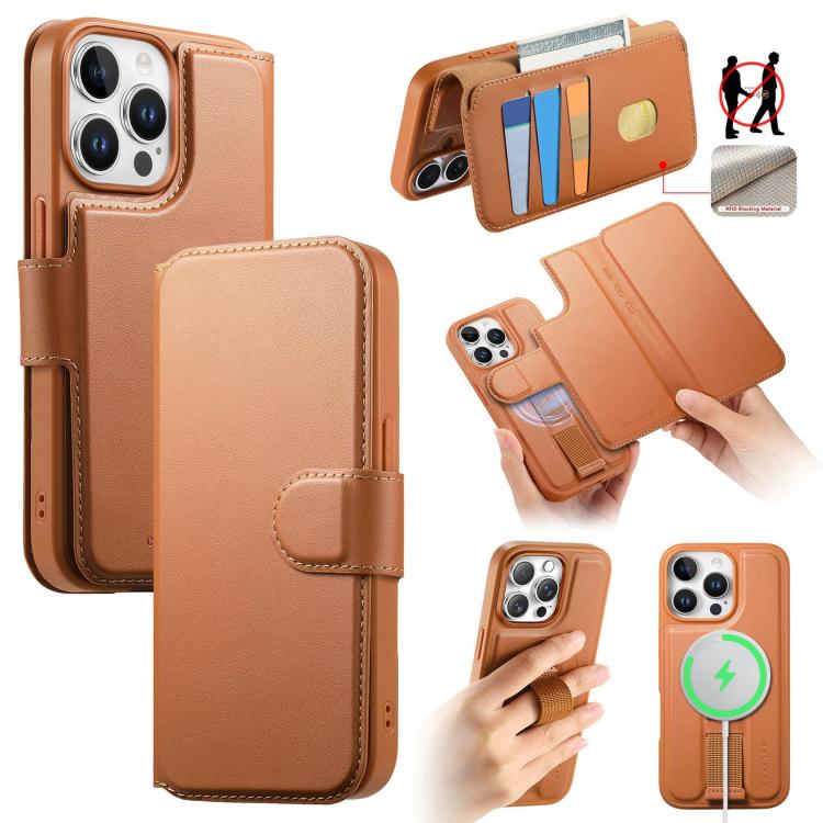 For iPhone 14 Pro CaseNeo Finger Grip Strap MagSafe Leather Phone Case(Brown) - iPhone 14 Pro Cases by CaseNeo | Online Shopping UK | buy2fix