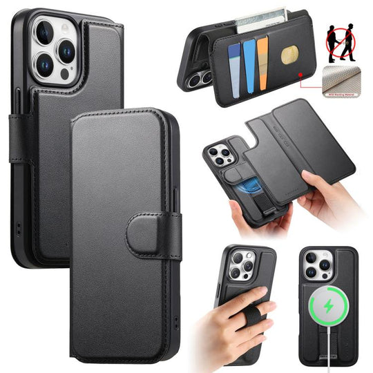 For iPhone 14 Pro CaseNeo Finger Grip Strap MagSafe Leather Phone Case(Black)