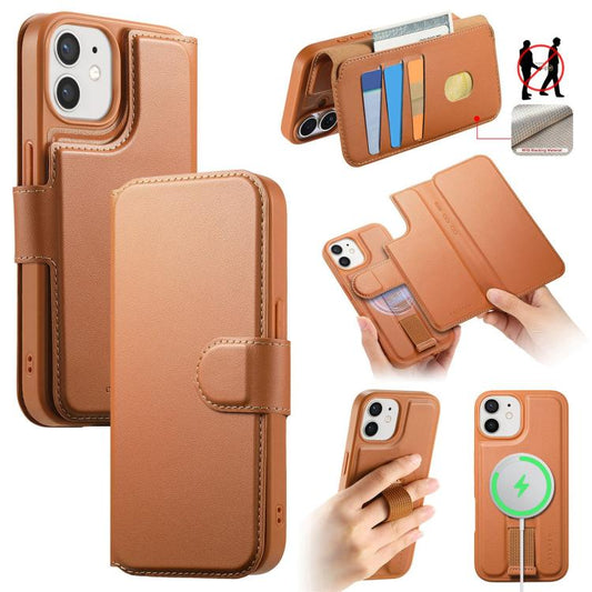 For iPhone 12 / 12 Pro CaseNeo Finger Grip Strap MagSafe Leather Phone Case(Brown) - iPhone 12 / 12 Pro Cases by CaseNeo | Online Shopping UK | buy2fix